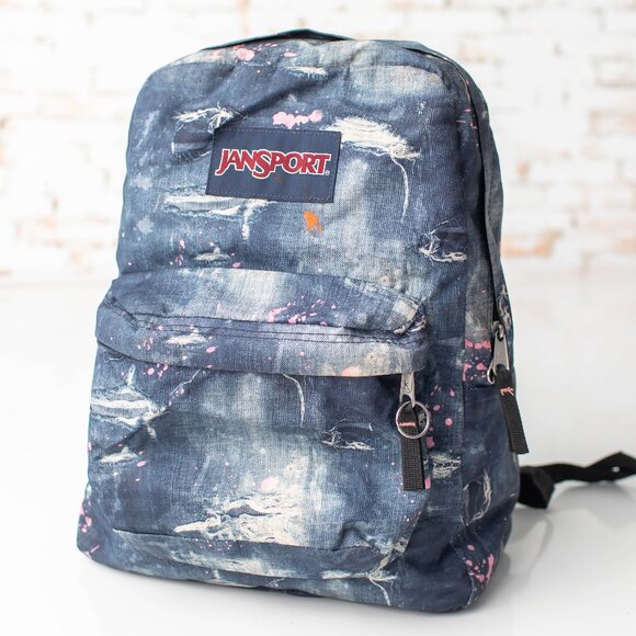 JanSport Backpack Distressed Denim Paint Splatter Print T501 Blue/Pink - Picture 1 of 9